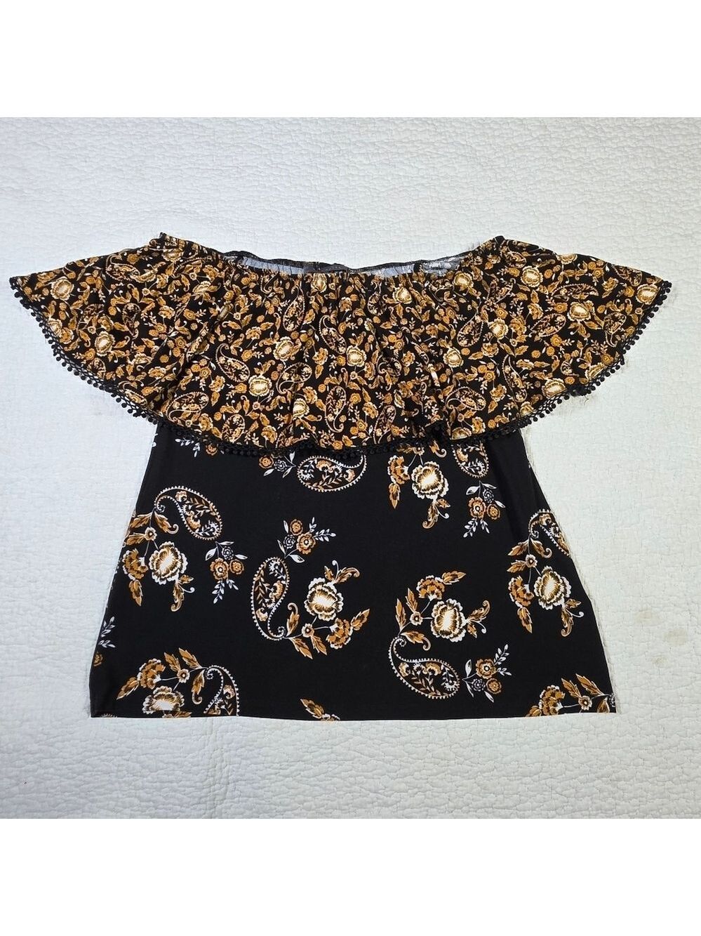 Suzy Shier Floral Off-Shoulder Black and Gold Top